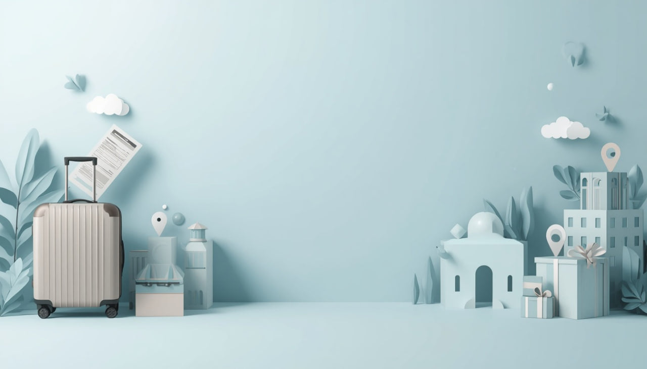 Travel-themed scene with a suitcase, map, and small buildings on a light blue background