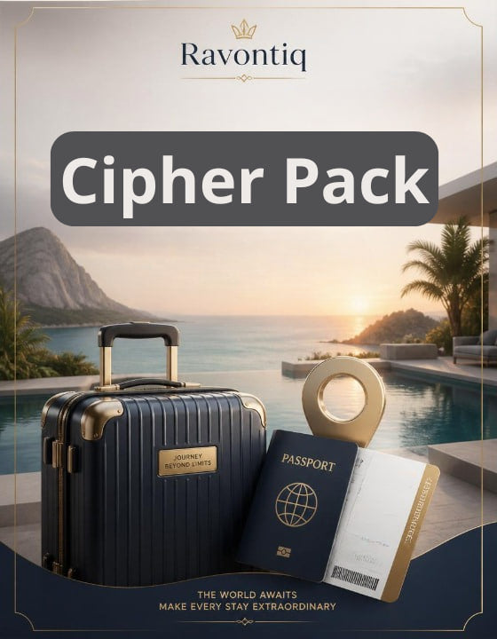 Luggage with passport and travel documents on a scenic background, featuring the brand 'Ravontiq'.