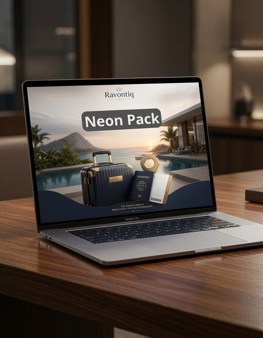 Laptop on a wooden desk displaying the Ravantiq Neon Pack website.