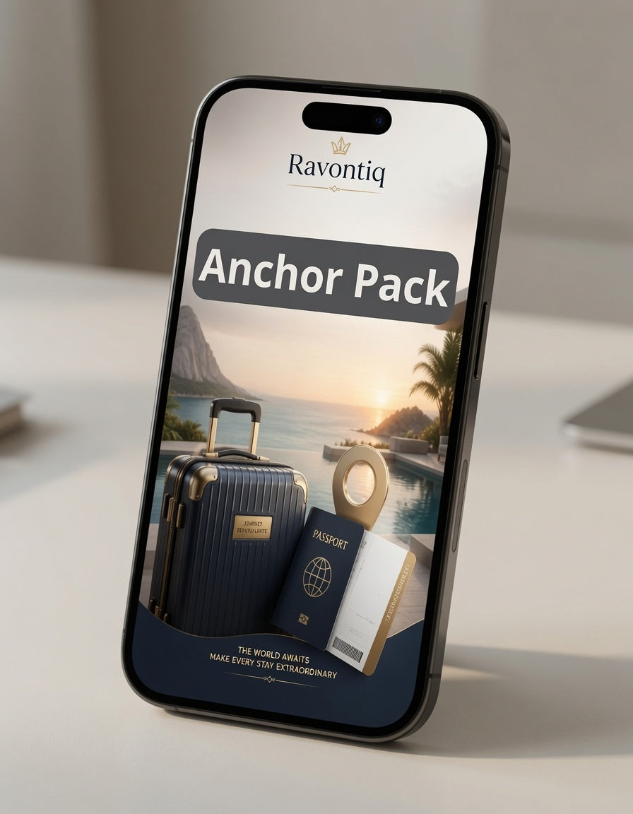 Phone displaying Ravantiq Anchor Pack with suitcase, passport, and anchor on a scenic background