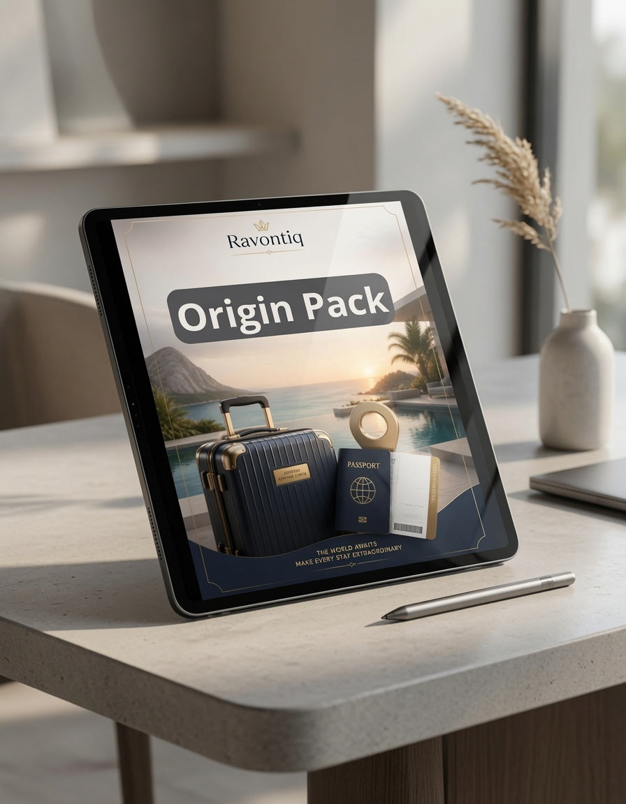 Tablet displaying a Ravontiq Origin Pack on a desk with a blurred background