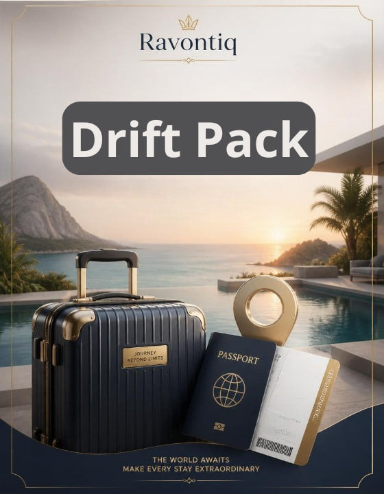 Suitcase with passport and tickets on a scenic background, featuring the brand 'Ravontiq'.