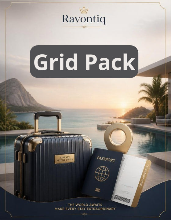 Luggage with passport and tickets on a scenic background, featuring the brand 'Ravontiq'.