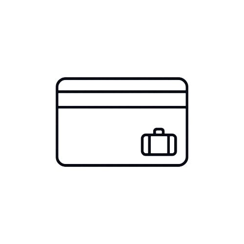 Outline of a credit card with a suitcase icon on a white background