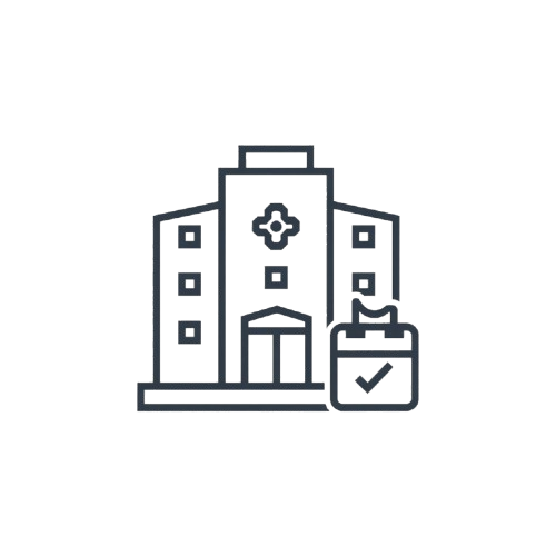 Icon of a hospital building with a cross symbol and a bag with a check mark, on a white background.