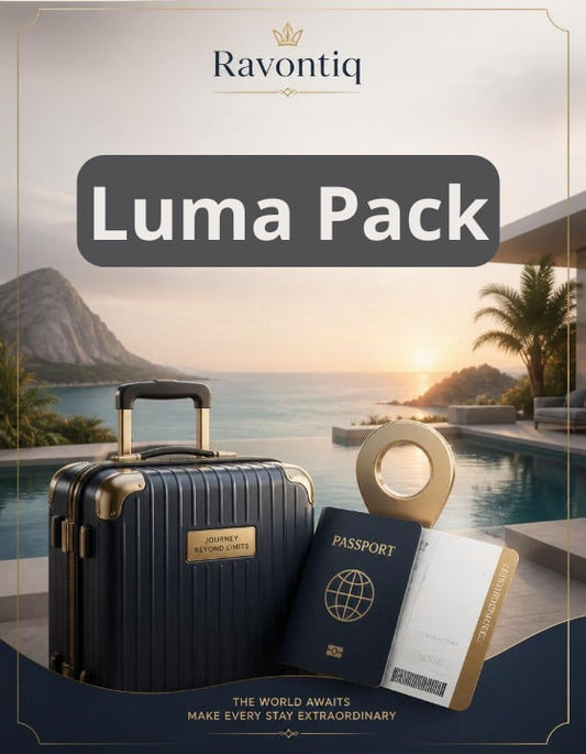 Luma Pack suitcase with passport and tickets by a poolside with 'Ravontiq' branding.