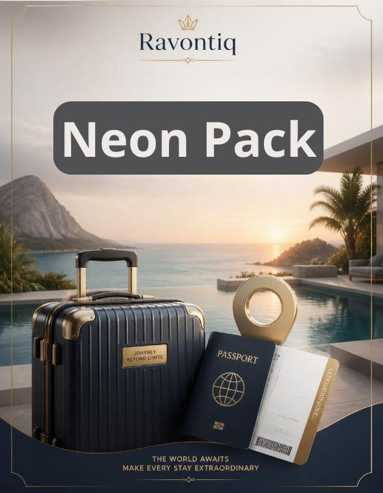 Neon Pack by Ravontiq with suitcase, passport, and tickets against a scenic background