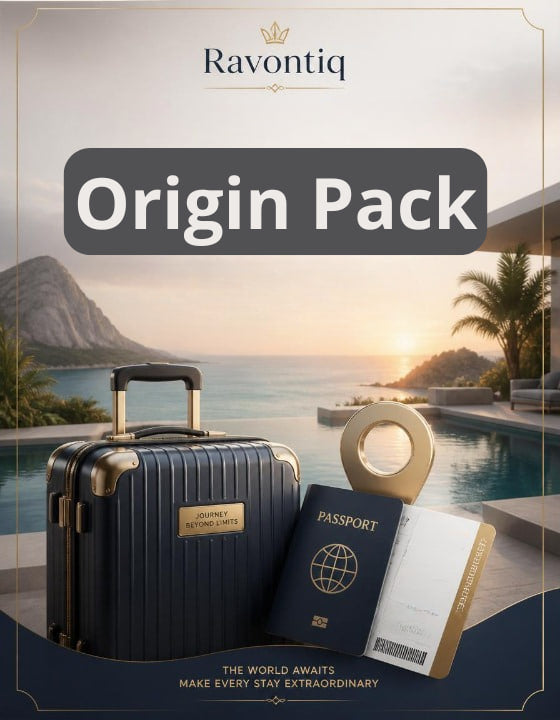 Ravontiq Origin Pack with suitcase, passport, and tickets against a scenic background