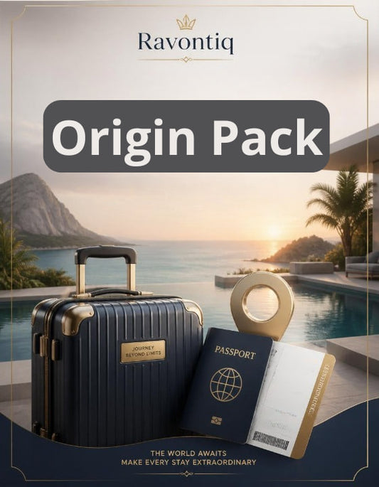 Ravontiq Origin Pack with suitcase, passport, and tickets against a scenic background